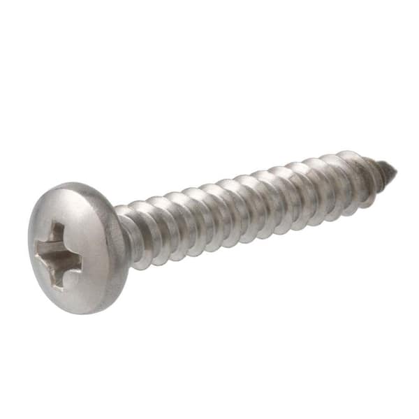 Stainless steel Phillips pan head screw with a sharp tip and deep threading, ideal for secure fastening in wood, plastic, or metal applications.