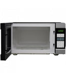 A silver and black countertop microwave oven with a digital display, a keypad, and various function buttons on the right side. The front door is black with a mesh window, and the brand logo, "IMPECCA," is visible on the bottom left.