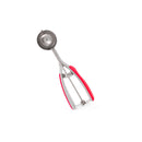 A stainless steel scooper with a medium-sized bowl, internal spring mechanism, and red soft-grip handles.