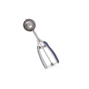 A stainless steel scooper with a medium-sized bowl, internal spring mechanism, and blue soft-grip handles.