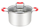 Durable stainless steel stockpot for cooking soups, stews, and stocks, Millvado Urban Collection, with red handles and clear lid