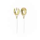White and gold plastic serving fork and spoon set displayed on a white background.