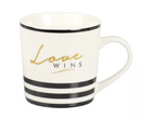 Inspirational ceramic mug with motivational quote and decorative black stripes, white background