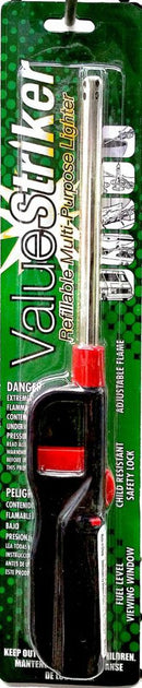 A long, black and silver multi-purpose lighter in blister packaging. It features a red trigger, an adjustable flame, a fuel level window, and a child-resistant safety lock.