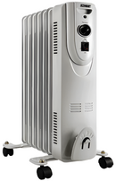 White EZ-HEAT Deluxe heater, an oil-filled radiator designed to provide consistent warmth, equipped with controls and wheels.