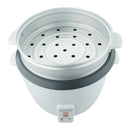 White Brentwood 4-cup rice cooker with steamer basket on a white background.