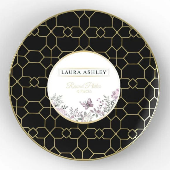 7.5" Round Black Plastic Plates with Gold Pattern | 10 Pack