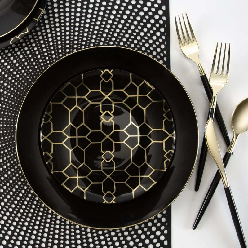 7.5" Round Black Plastic Plates with Gold Pattern | 10 Pack