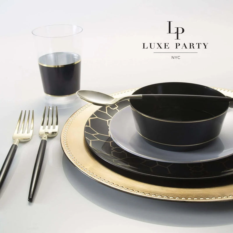 7.5" Round Black Plastic Plates with Gold Pattern | 10 Pack