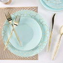 "Elegant light blue dinnerware set with a refined gold rim, featuring two glossy plastic plates. A perfect choice for sophisticated dining and stylish table settings.