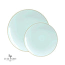"Elegant light blue dinnerware set with a refined gold rim, featuring two glossy plastic plates. A perfect choice for sophisticated dining and stylish table settings.