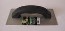 A hand trowel with a flat steel blade featuring a V-notched edge and a black textured plastic handle.