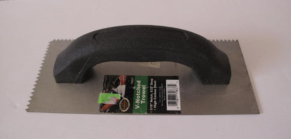 A hand trowel with a flat steel blade featuring a V-notched edge and a black textured plastic handle.
