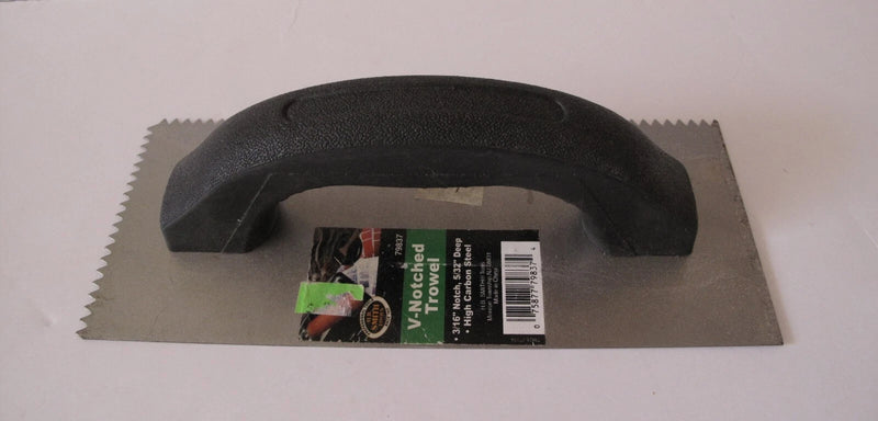 A hand trowel with a flat steel blade featuring a V-notched edge and a black textured plastic handle.