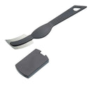 Black handled bread lame dough scoring tool with a curved blade and a matching black blade cover, designed for scoring bread dough.