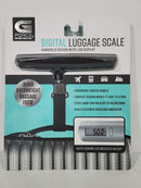 A black digital luggage scale with an ergonomic handle and a steel hook, featuring an LCD display showing a weight of 50.0 lbs.