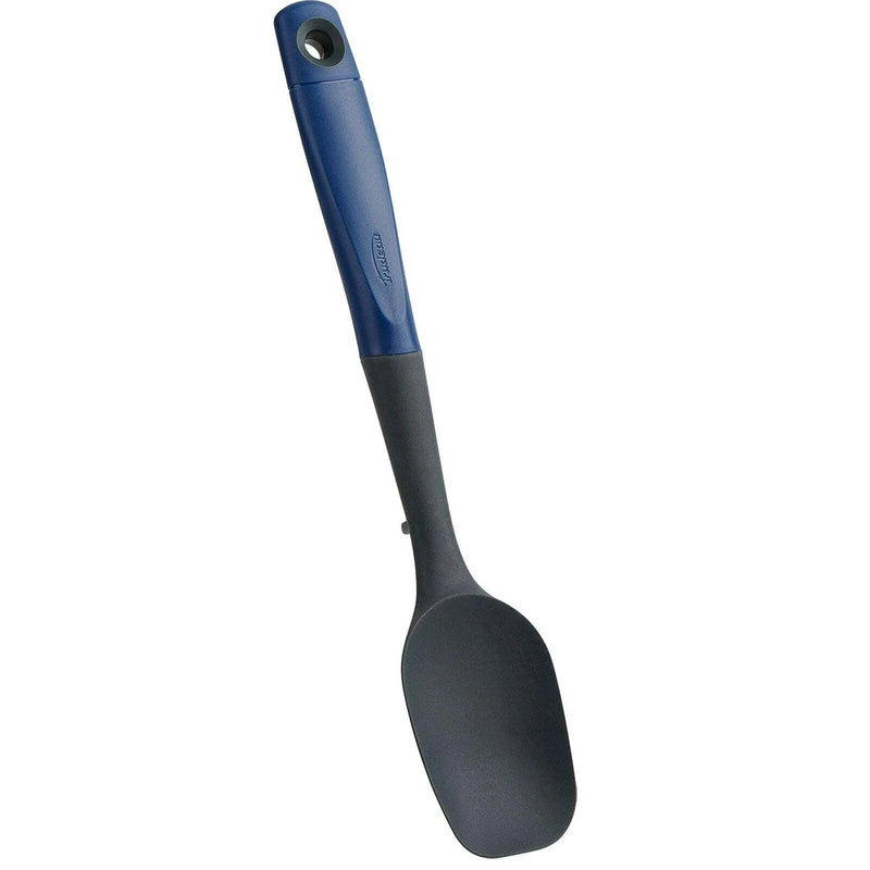 A solid dark gray silicone spoontula with a long blue ergonomic handle, designed for stirring and scraping.
