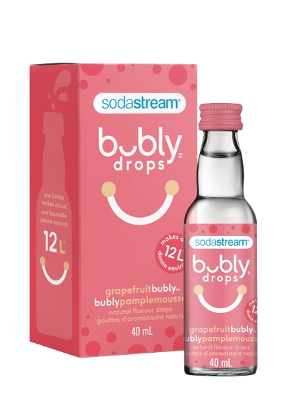 SodaStream bubly Drops Grapefruit flavor bottle beside box, 1.36oz, standing upright on a white background.