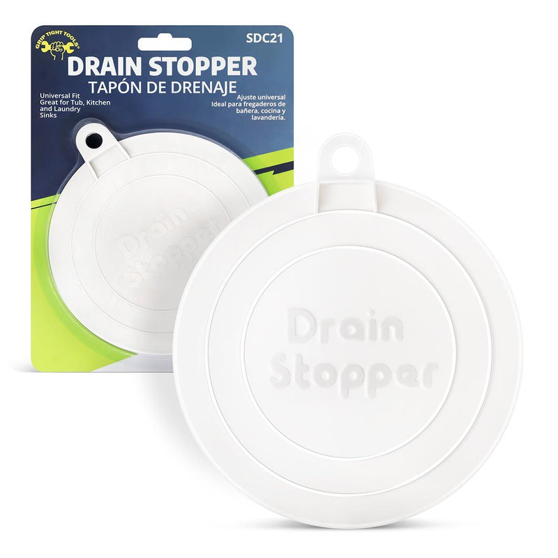 White round drain stopper with a universal fit, suitable for tubs, kitchen sinks, and laundry sinks.