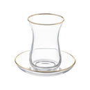 Clear glass tulip-shaped teacup with gold rim and matching round saucer, part of a 6-piece set.