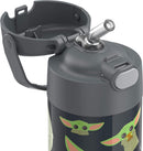 THERMOS FUNTAINER 12-ounce stainless steel water bottle with Mandalorian design, featuring a covered straw and carry handle, shown on a white background.