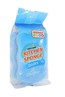 Kosher Cook brand Easy Grip Kitchen Sponges in blue, specifically labeled "DAIRY" and sold in a pack of three. The packaging is light blue and clear.