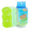 A package of three green, wavy-edged sponges branded as Kosher Cook, labeled as Easy Grip Sponge Green with a Parve certification and featuring a small fish symbol on the packaging.