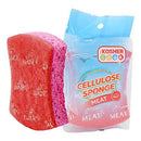 A vivid red rectangular cellulose sponge is displayed next to its clear and light blue packaging. The packaging prominently features the "Kosher Cook" logo, "CELLULOSE SPONGE," and "MEAT" labels.