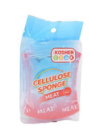 A vivid red rectangular cellulose sponge is displayed next to its clear and light blue packaging. The packaging prominently features the "Kosher Cook" logo, "CELLULOSE SPONGE," and "MEAT" labels.