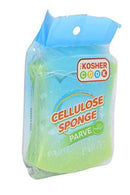 A vibrant green rectangular cellulose sponge is displayed alongside its translucent green and white packaging. The packaging features the "Kosher Cook" logo, "CELLULOSE SPONGE," and "PARVE" labels.