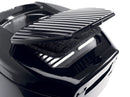 A black and silver De'Longhi deep fryer with a rounded design. The front panel features a control knob, a viewing window, and an "Easy Clean" button. The lid has a ribbed texture and a handle is visible on the side. The "ROTO FRY" logo is prominent on the front.