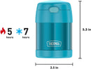 THERMOS FUNTAINER 10-ounce teal kids food jar with folding spoon and push-button lid, displayed with measurements on a white background.