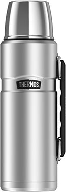 Matte stainless steel 40-ounce THERMOS insulated beverage bottle with carry handle and built-in serving cup, shown on a white background.