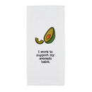 A white waffle weave hand towel featuring a color embroidered avocado and the text: "I work to support my avocado habit."