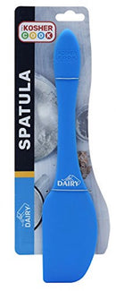 A flexible, solid blue silicone spatula clearly marked with a "DAIRY" symbol, shown in its packaging.