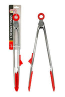 A pair of The Kosher Cook heavy-duty stainless steel locking tongs with vibrant red silicone tips and handle accents. One pair is shown in its original packaging, which is white and features the Kosher Cook logo and "LOCKING TONGS" text. The packaging also indicates "MEAT." The other pair of tongs is shown fully extended.