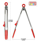 A pair of The Kosher Cook heavy-duty stainless steel locking tongs with vibrant red silicone tips and handle accents. One pair is shown in its original packaging, which is white and features the Kosher Cook logo and "LOCKING TONGS" text. The packaging also indicates "MEAT." The other pair of tongs is shown fully extended.