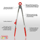A pair of The Kosher Cook heavy-duty stainless steel locking tongs with vibrant red silicone tips and handle accents. One pair is shown in its original packaging, which is white and features the Kosher Cook logo and "LOCKING TONGS" text. The packaging also indicates "MEAT." The other pair of tongs is shown fully extended.