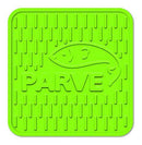 A vibrant lime green silicone trivet, featuring a textured surface with raised rectangular ridges and a central embossed design of a fish icon above the word "PARVE," ideal for protecting surfaces while adhering to kosher dietary needs.