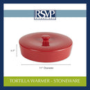 A round, red stoneware tortilla warmer with a ribbed texture, a matching lid, and a small round knob handle.