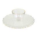 A two-piece clear glass chip and dip set featuring a large round serving platter and a small round dip bowl, both with decorative gold edges.