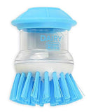 A "Kosher Cook Dairy Blue Sud-Zee Scrub Brush with Liquid Dish Soap Dispenser" is prominently displayed against a plain white background. The brush features bright blue bristles and a clear cylindrical body that holds liquid soap, topped with a blue, mushroom-shaped cap. The word "DAIRY" is visible on the transparent section. 