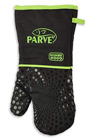 A black oven mitt with green trim labeled for parve use, featuring a quilted design and silicone grip, shown on a white background.