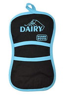 A black, hourglass-shaped pot holder with a light blue trim. The pot holder has "DAIRY" and "KOSHER COOK" printed on it, along with an image of a carton of milk, all in the same light blue color. There is also a small hanging loop at the top, which is also light blue.