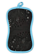 A black, hourglass-shaped pot holder with a light blue trim, shown from the back. The back surface features a black silicone layer with a swirling, textured design of circular indentations for a better grip. A light blue hanging loop is at the top.