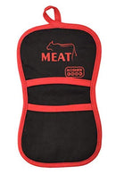A black oven mitt with red trim, a red 'MEAT' label, and a cow icon.