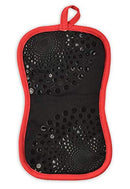 A black oven mitt with red trim, a red 'MEAT' label, and a cow icon.