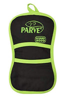 A black pot holder with neon green trim, featuring the neon green text 'PARVE' and a fish icon, indicating neutral (parve) use for a kosher kitchen.