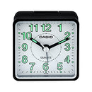 Black square Casio analog alarm clock with a white face, luminous green numbers and hands, and a beep alarm function.