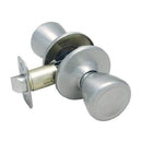 A disassembled silver-finished passage door knob set, showing both knobs and the latch mechanism.